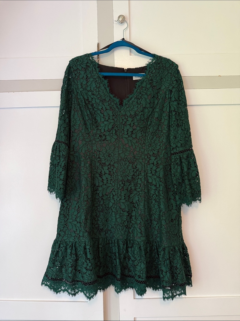 Eliza J Women's Forest Green Black Lace V-Neck 3/4 Sleeve Dress size 16 holiday